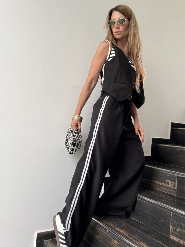 Pantalon Ritta negro  pana  vivos off white