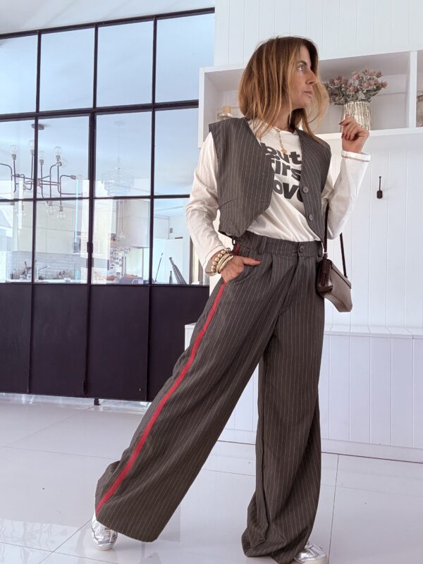 Pantalon Ritta Gangster gris acero rayado vivo bordo