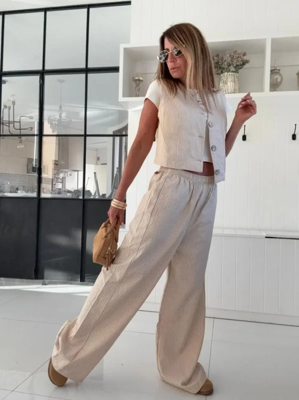 Pantalon pijamero acasia vainilla con rayas mostaza, blanca y gris - Image 10