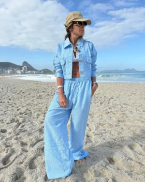 Pantalon pijamero acasia celeste con rayas turquesa azules y blancas