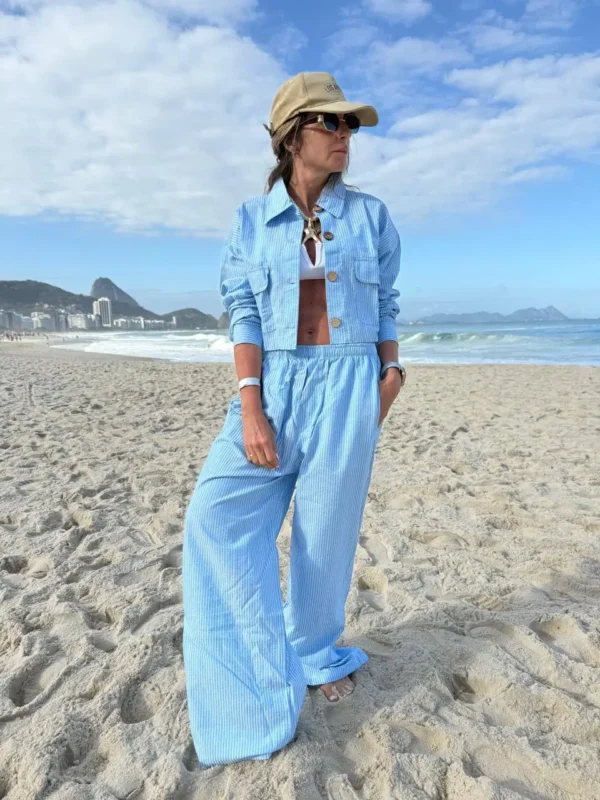 Pantalon pijamero acasia celeste con rayas turquesa azules y blancas