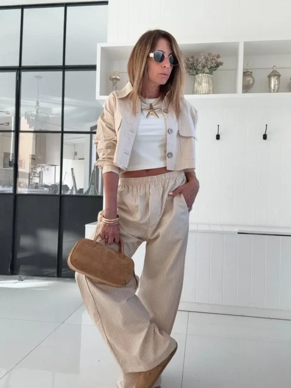Pantalon pijamero acasia vainilla con rayas mostaza, blanca y gris