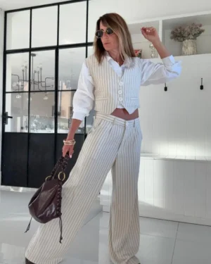 Pantalon Ritta lino dubai rayado arena