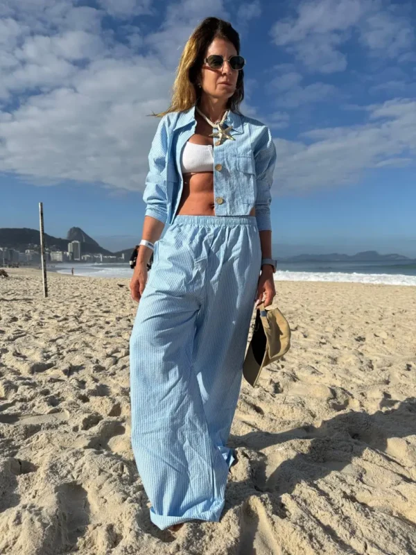 Pantalon pijamero acasia celeste con rayas turquesa azules y blancas - Image 21