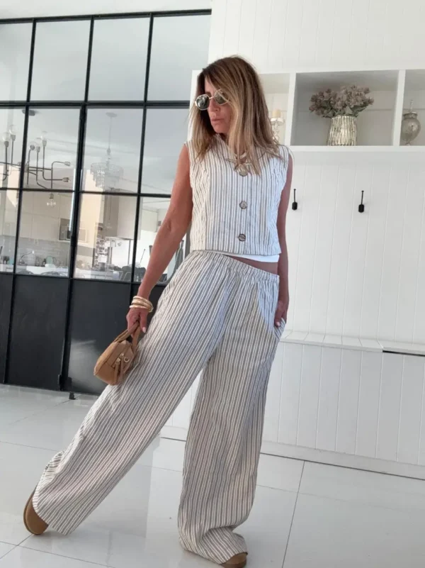 Pantalon pijamero cedro rayado rosa dior gris fondo crema - Image 22