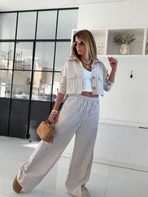 Pantalon pijamero cedro rayado rosa dior gris fondo crema - Image 19