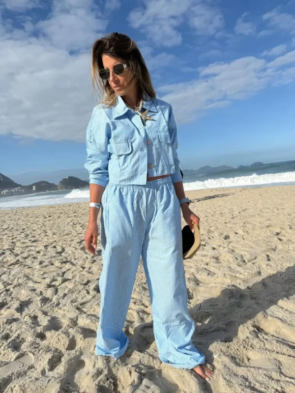 Pantalon pijamero acasia celeste con rayas turquesa azules y blancas - Image 14