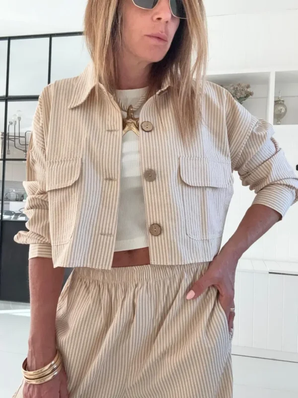 Camisa  Molly acasia vainilla con rayas mostaza , blanca y gris - Image 3