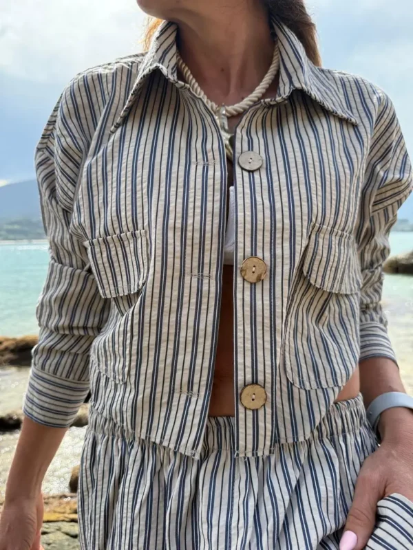 Camisa  Molly cedro rayada marino, fondo vison