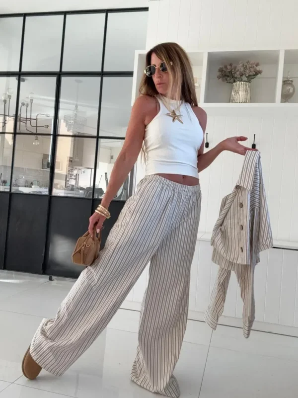 Pantalon pijamero cedro rayado rosa dior gris fondo crema - Image 21