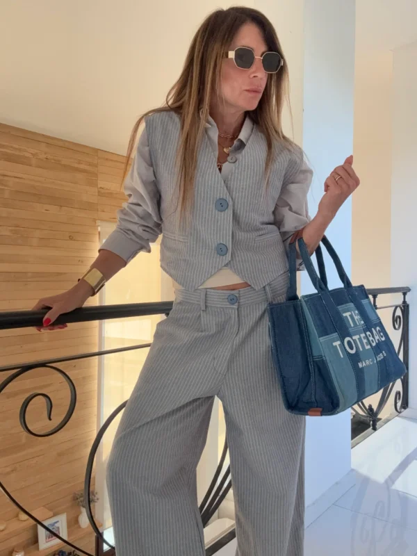 Pantalon sastrero ritta  lino Bari rayado fondo denim rayas camel - Image 12