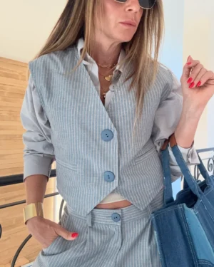 Chaleco lino Bari rayado fondo denim rayas camel
