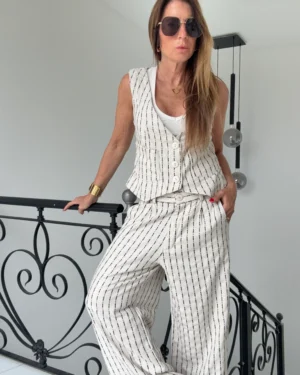 Pantalon sastrero ritta  lino Nantes rayado fondo crema rayas negras hilos plata