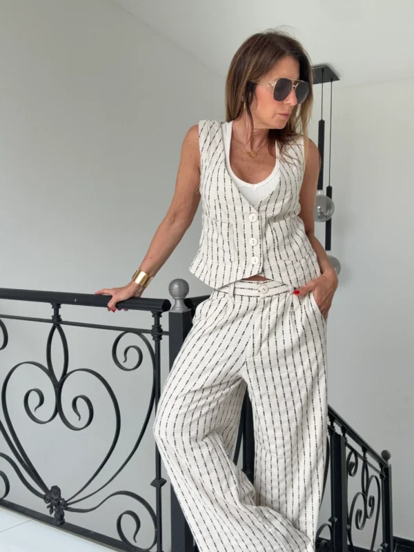 Pantalon sastrero ritta  lino Nantes rayado fondo crema rayas negras hilos plata - Image 10