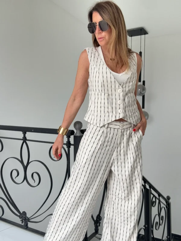 Pantalon sastrero ritta  lino Nantes rayado fondo crema rayas negras hilos plata - Image 11