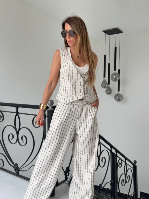 Pantalon sastrero ritta  lino Nantes rayado fondo crema rayas negras hilos plata - Image 12