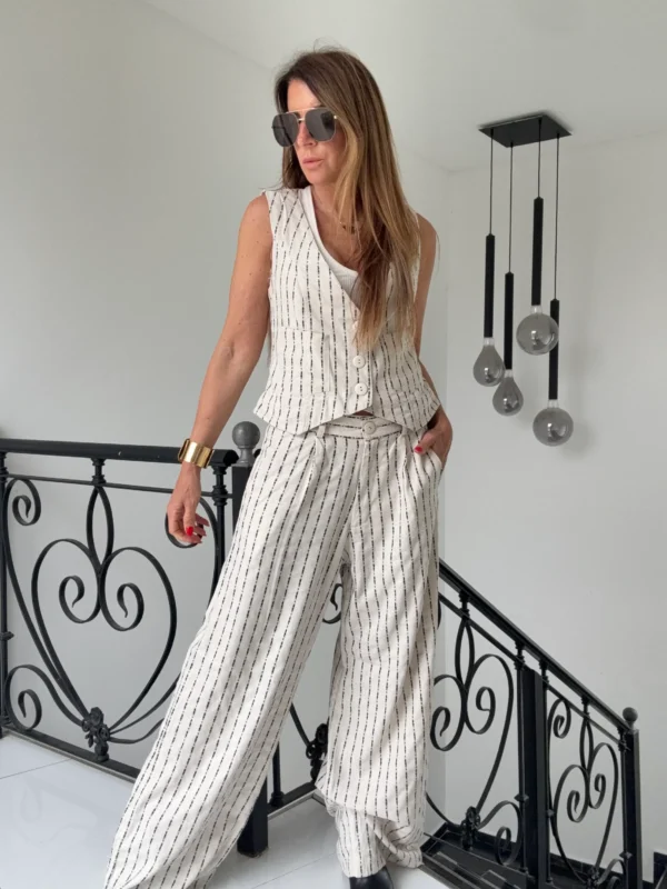 Pantalon sastrero ritta  lino Nantes rayado fondo crema rayas negras hilos plata - Image 13