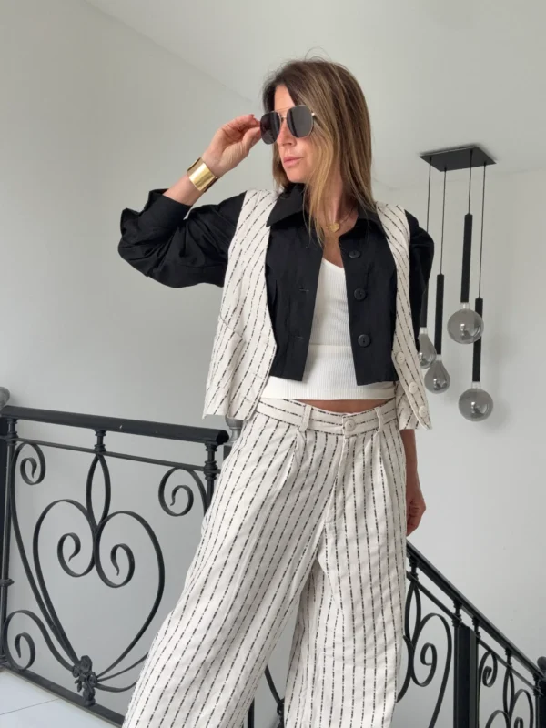 Pantalon sastrero ritta  lino Nantes rayado fondo crema rayas negras hilos plata - Image 19
