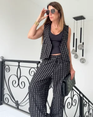 Pantalon sastrero ritta  lino Nantes rayado fondo negro rayas crema hilos plata