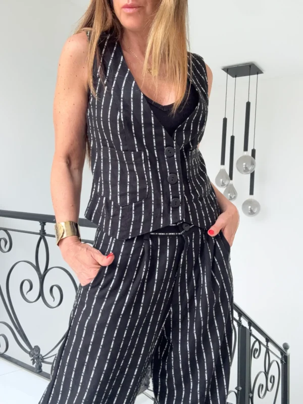 Pantalon sastrero ritta  lino Nantes rayado fondo negro rayas crema hilos plata - Image 15