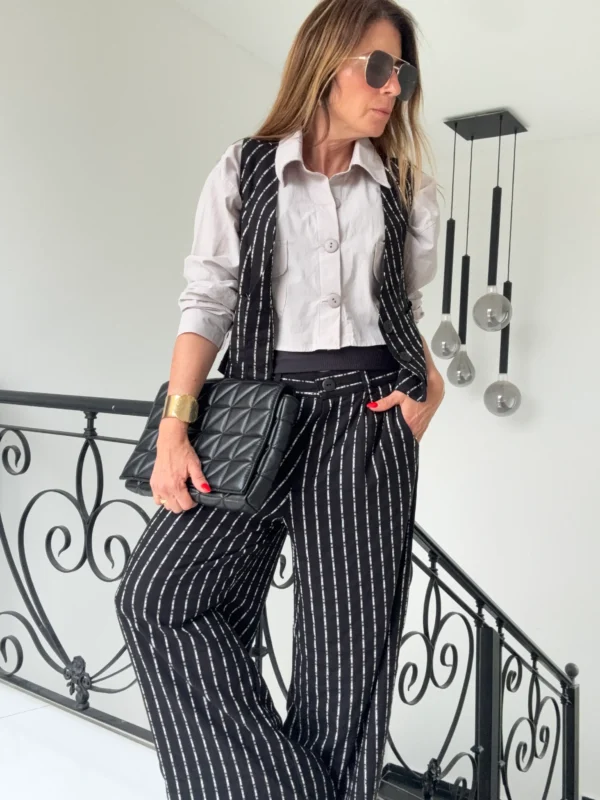 Pantalon sastrero ritta  lino Nantes rayado fondo negro rayas crema hilos plata - Image 11