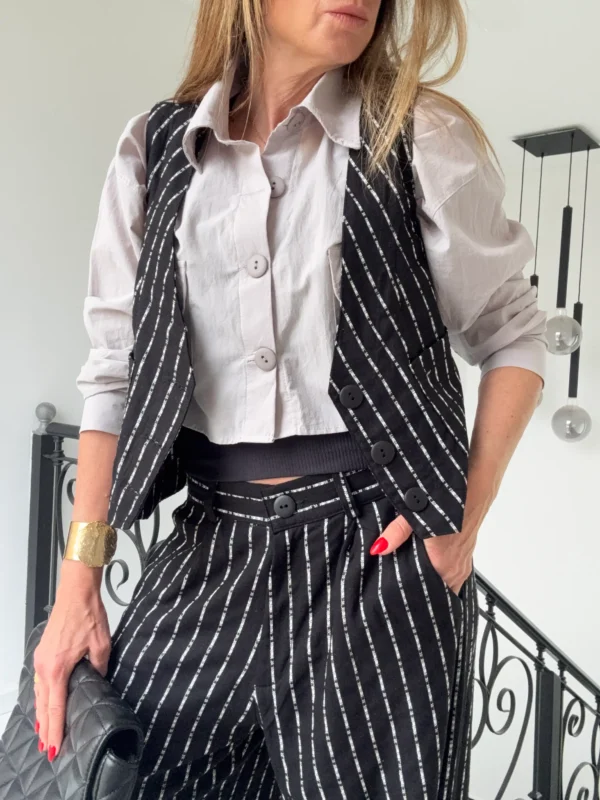 Pantalon sastrero ritta  lino Nantes rayado fondo negro rayas crema hilos plata - Image 8