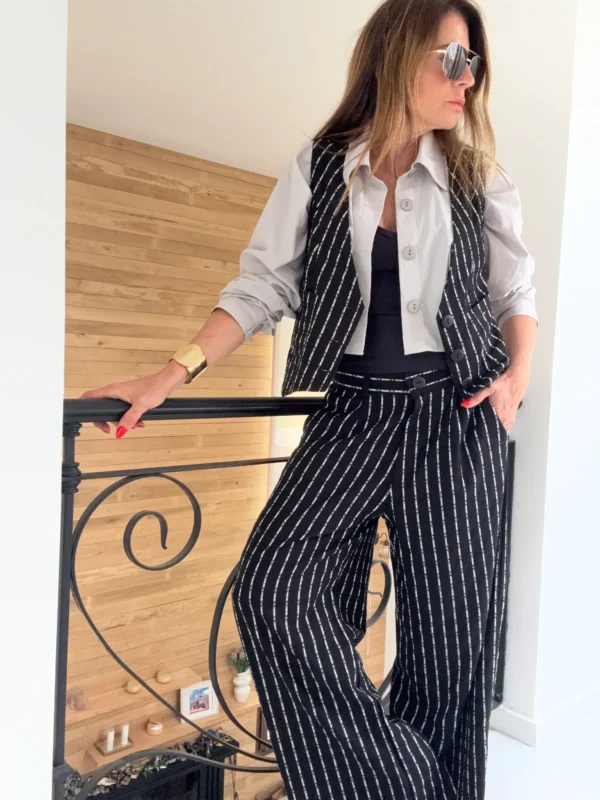 Pantalon sastrero ritta  lino Nantes rayado fondo negro rayas crema hilos plata - Image 7