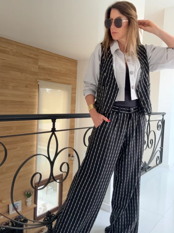 Pantalon sastrero ritta  lino Nantes rayado fondo negro rayas crema hilos plata - Image 5