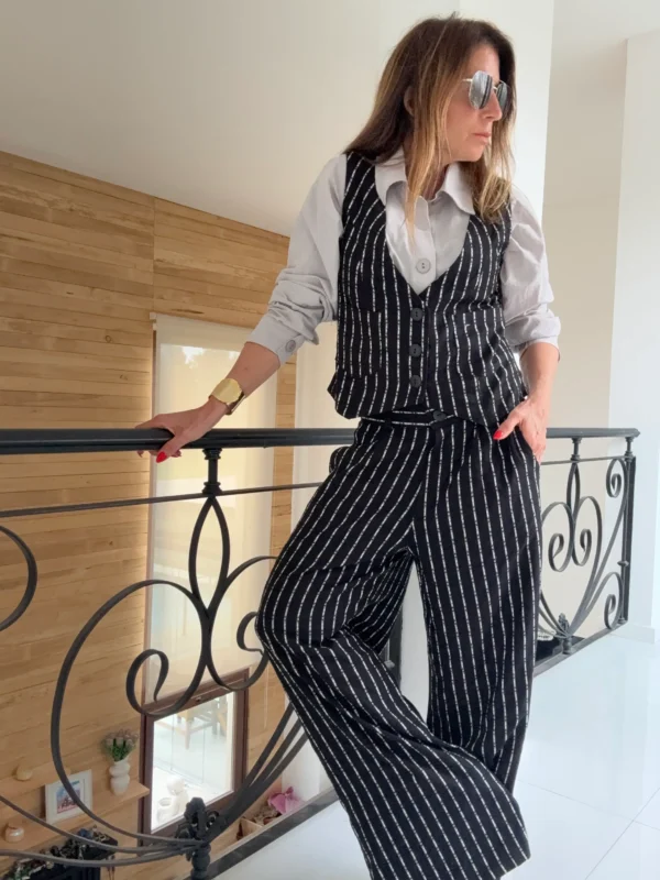 Pantalon sastrero ritta  lino Nantes rayado fondo negro rayas crema hilos plata - Image 2