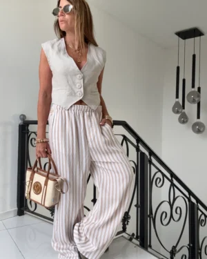 Pantalon pijamero atenea rayado arena y blanco