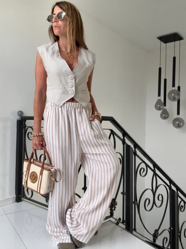 Pantalon pijamero atenea rayado arena y blanco