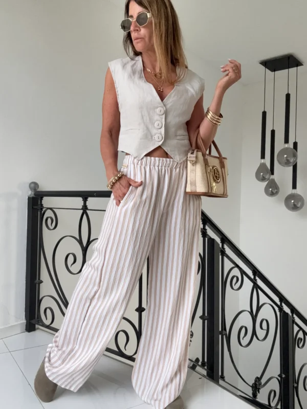 Pantalon pijamero atenea rayado arena y blanco - Image 3