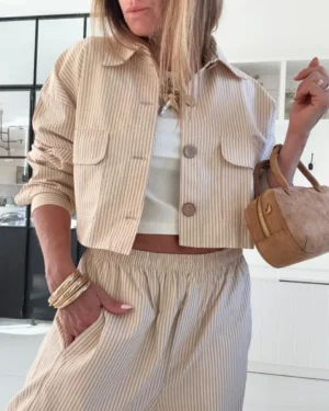 Camisa  Molly acasia vainilla con rayas mostaza , blanca y gris