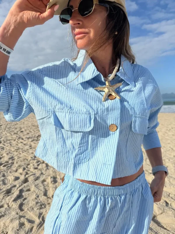 Camisa  Molly acasia celeste con rayas turquesa azules y blancas
