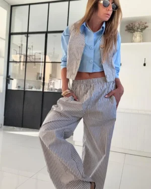 Pantalon pijamero rayado chocolate blanco y celeste