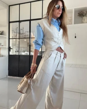 Pantalon Ritta lino dubai rayado plata