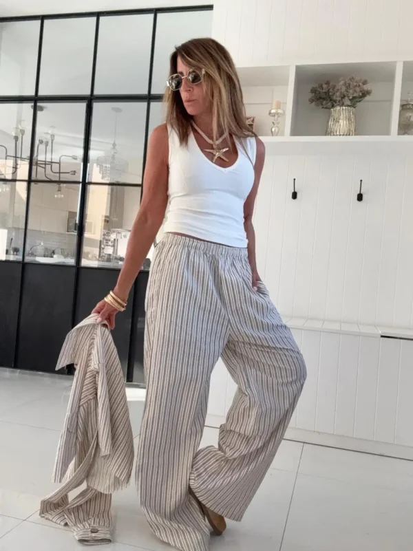 Pantalon pijamero cedro rayado rosa dior gris fondo crema - Image 26