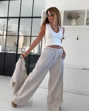 Pantalon pijamero cedro rayado rosa dior gris fondo crema