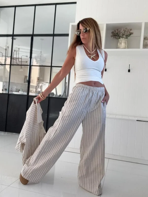 Pantalon pijamero cedro rayado rosa dior gris fondo crema