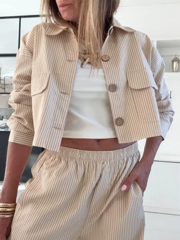Camisa  Molly acasia vainilla con rayas mostaza , blanca y gris - Image 8