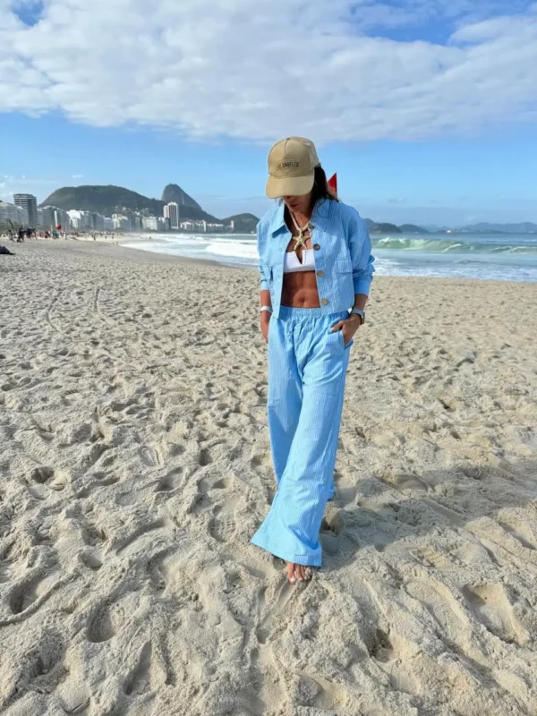 Pantalon pijamero acasia celeste con rayas turquesa azules y blancas - Image 35