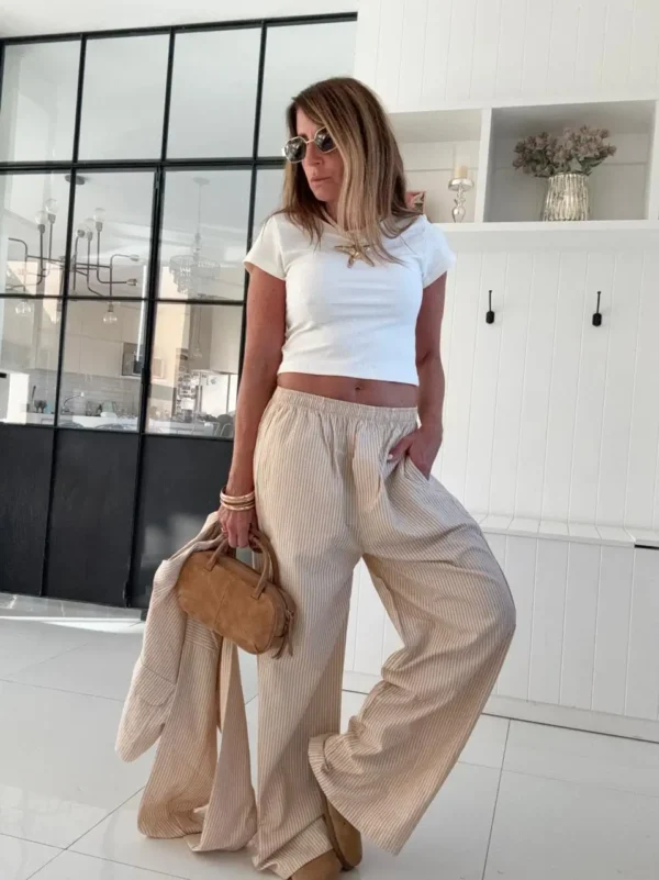 Pantalon pijamero acasia vainilla con rayas mostaza, blanca y gris - Image 3