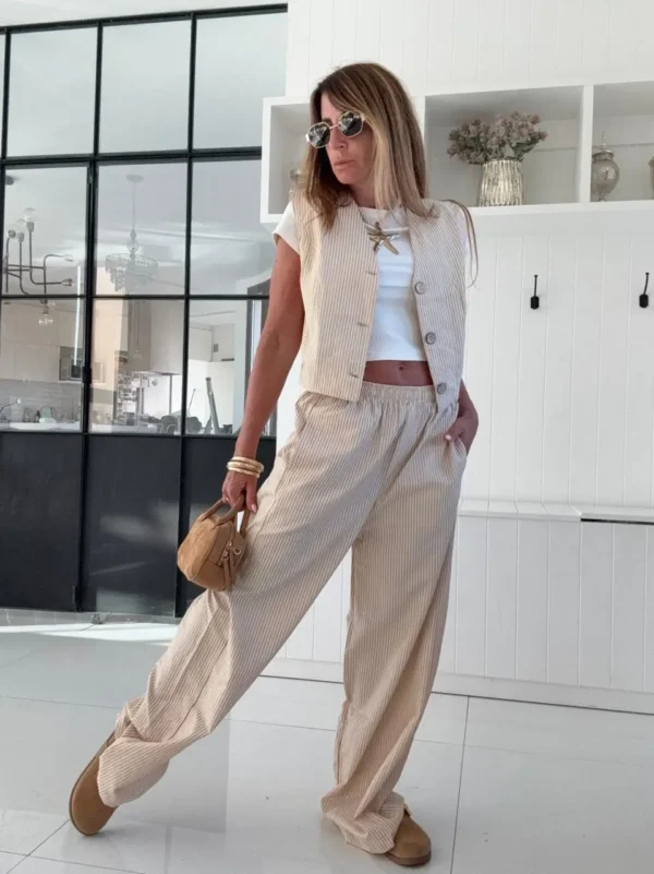 Pantalon pijamero acasia vainilla con rayas mostaza, blanca y gris - Image 2