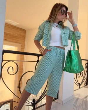 Bermudas poplin rayado verde benetton y blanco