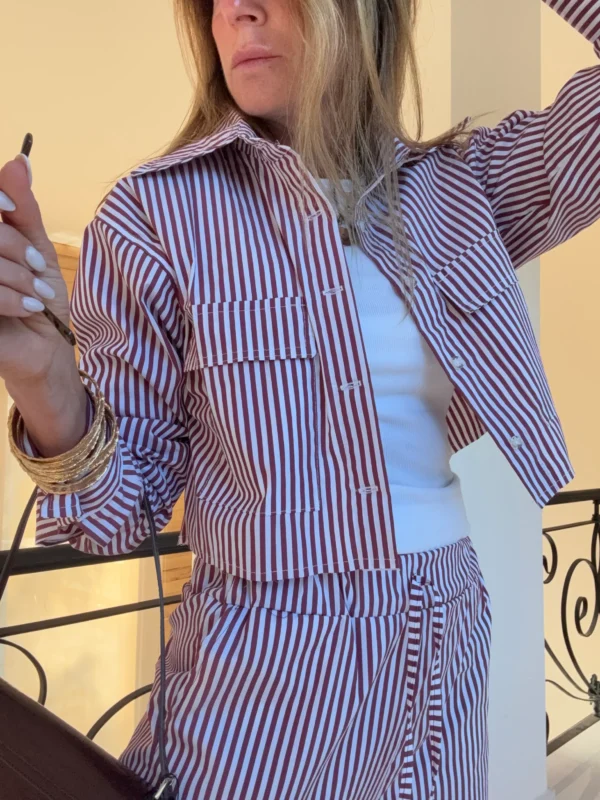 Camisa  Molly poplin rayado guinda y blanco - Image 12