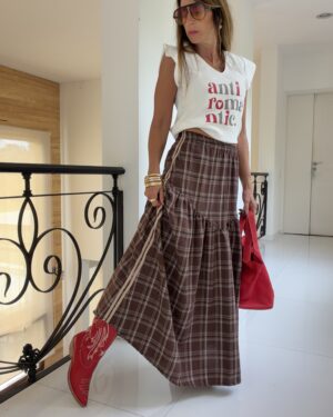 Falda  Hanói  cuadrille chocolate vivos camel - L