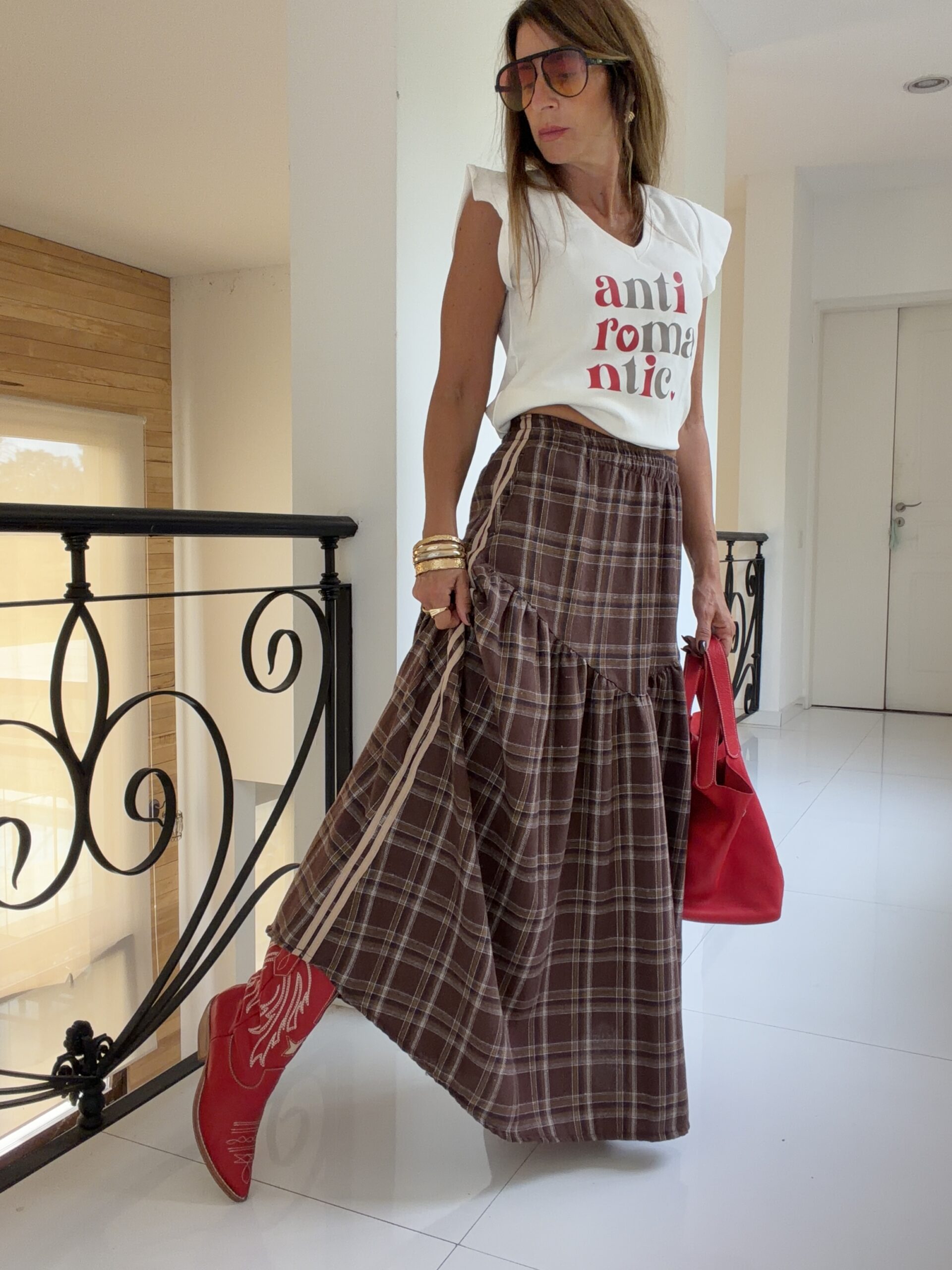 Falda Hanói cuadrille chocolate vivos camel