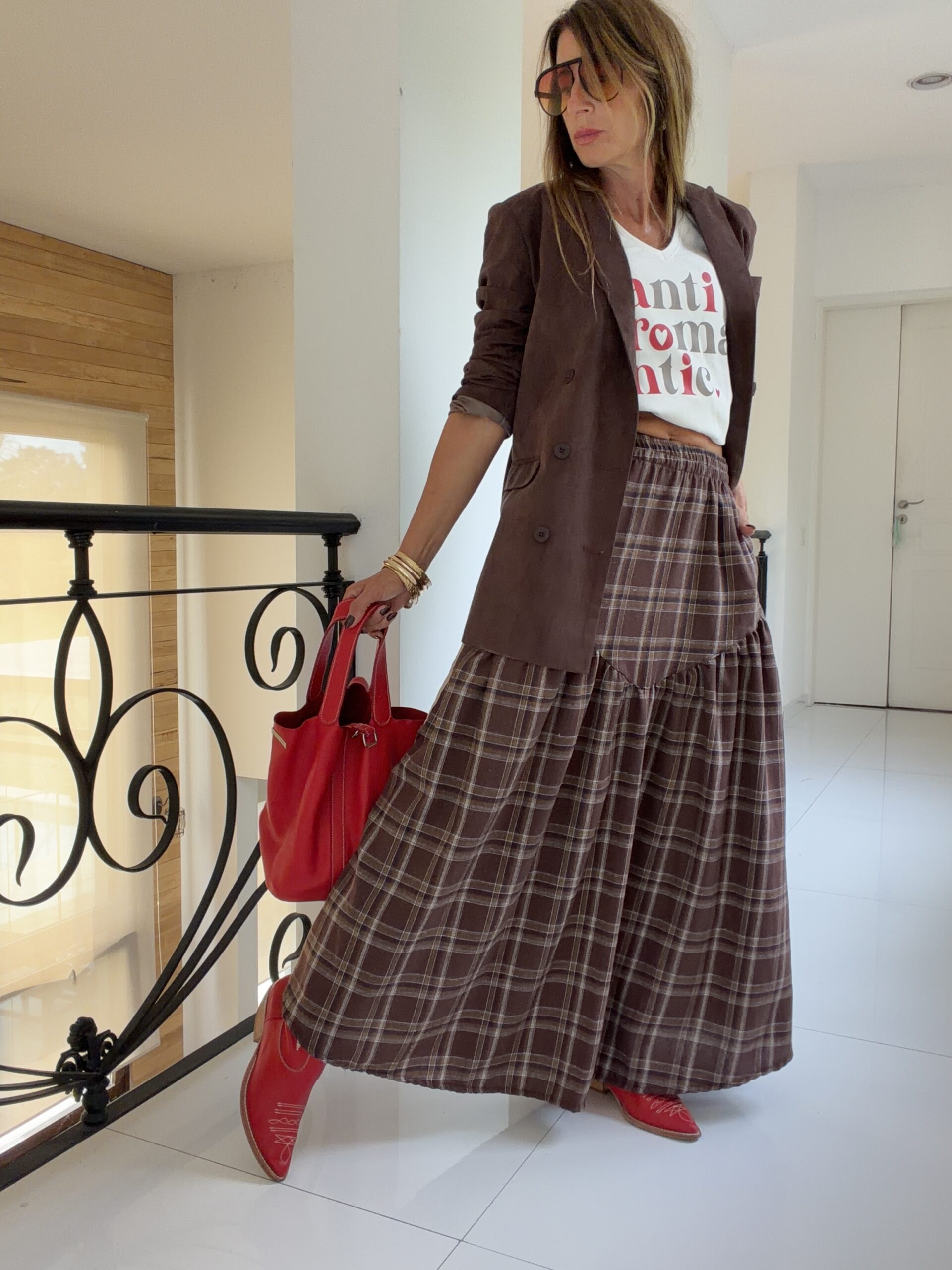 Falda Hanói cuadrille chocolate vivos camel - Image 8