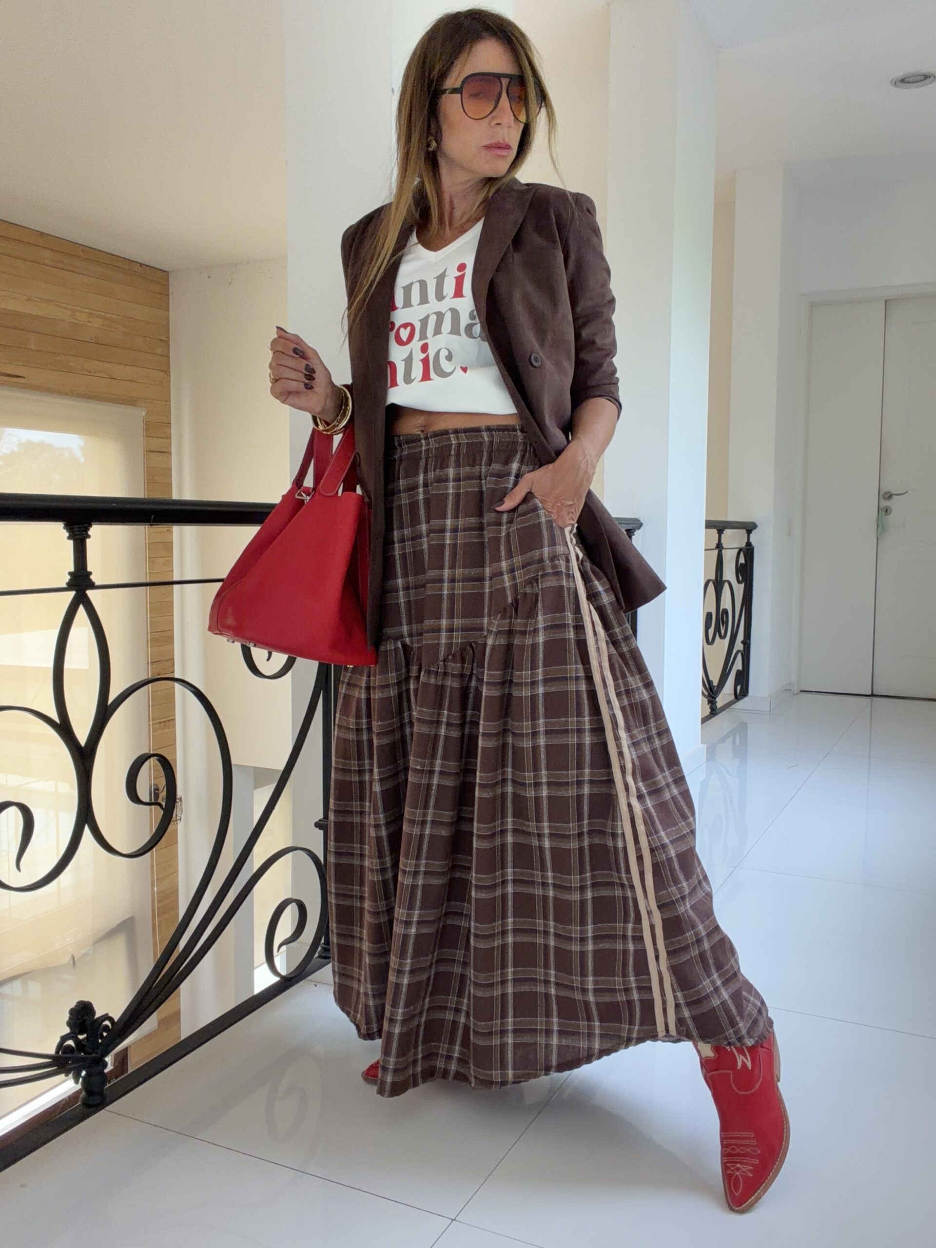 Falda Hanói cuadrille chocolate vivos camel - Image 9