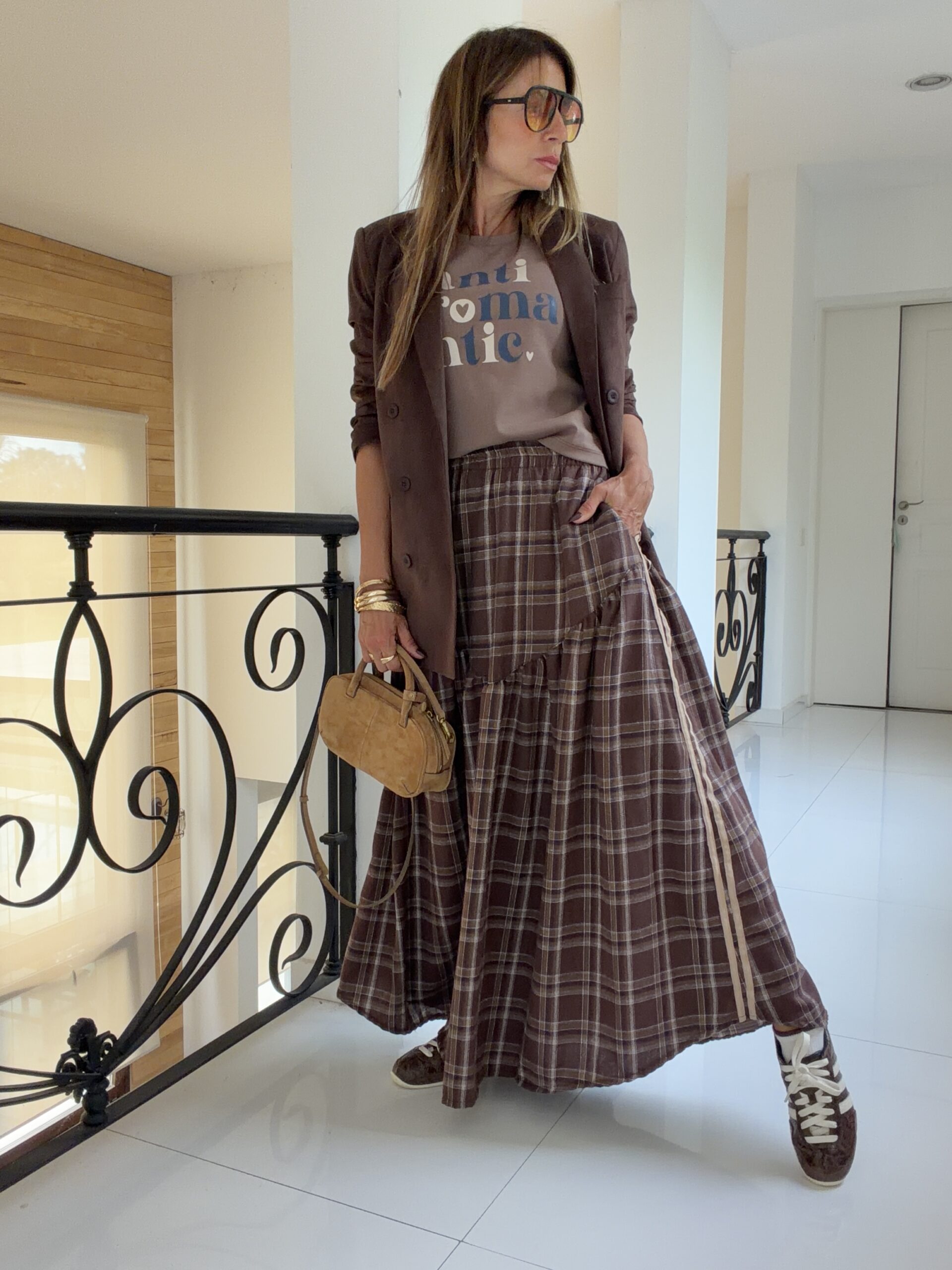 Falda Hanói cuadrille chocolate vivos camel - Image 15